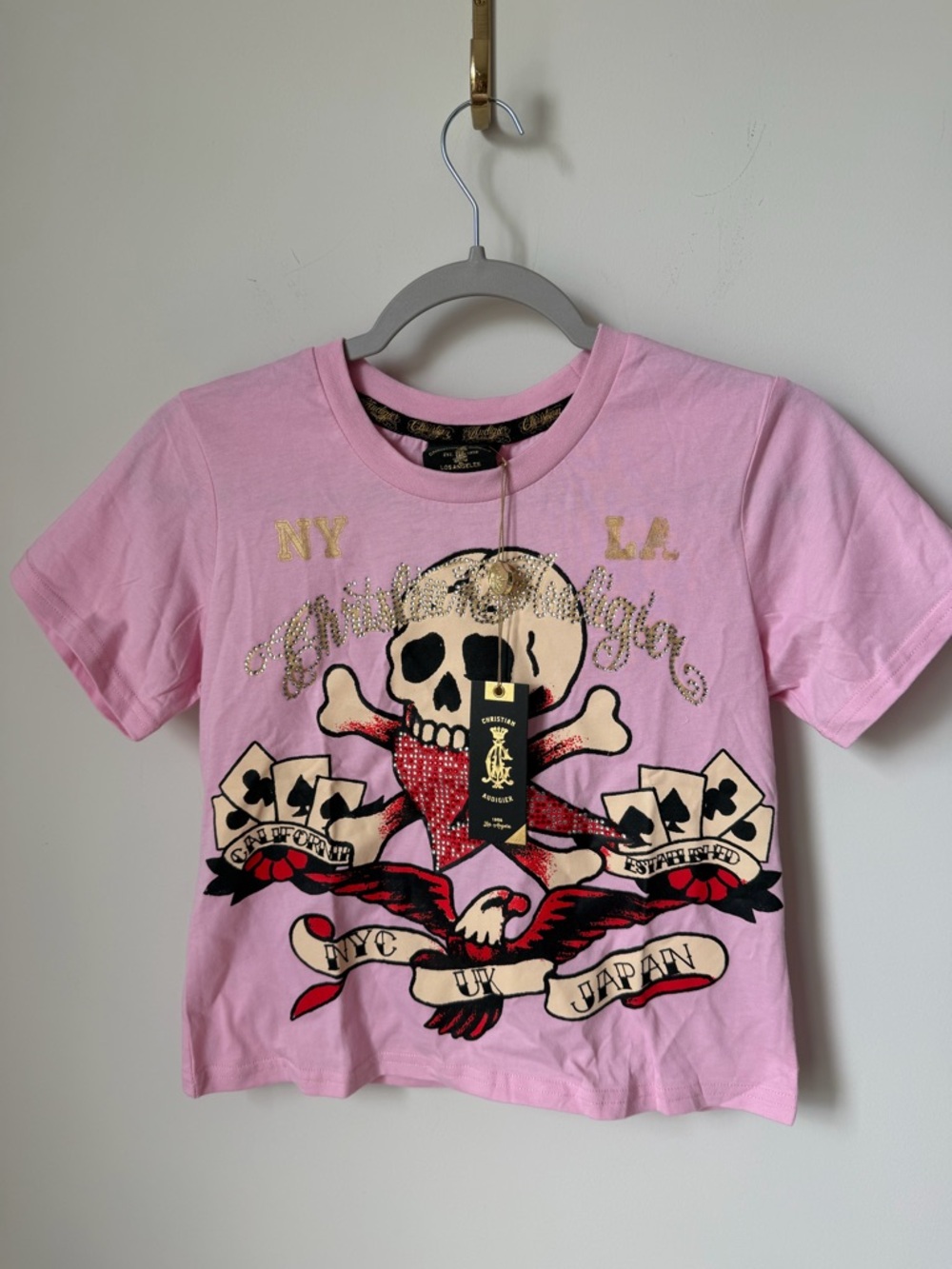 Christian Audigier Ed Hardy Pink Graphic Skull & Eagle rhinestone crop top Tee